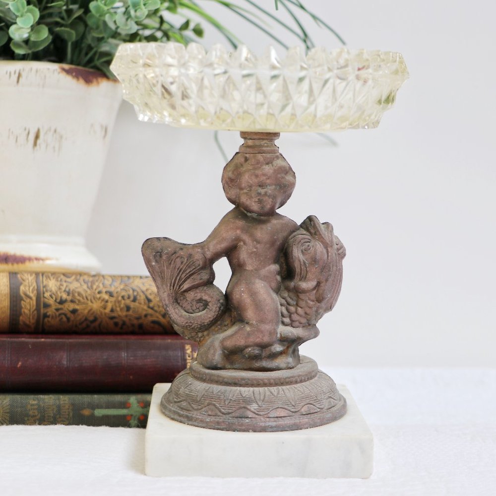 Vintage Brass Angel Cherub Glass Pedestal Bowl
